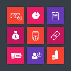 Sticker - tax, finance, payroll, income square icons, vector illustration