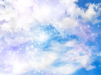 Wall Mural - spring background with cloudy sky and white lilac flower