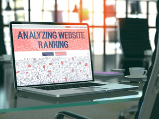 Poster - Modern Workplace with Laptop showing Landing Page in Doodle Design Style with text Analyzing Website Ranking. Toned Image with Selective Focus. 3D Render.