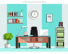 Cool Graphic Office Room Interior Design With Furniture: Chair, Table,  Bookcase, Shelves, Lamp. Flat Style Vector Illustration