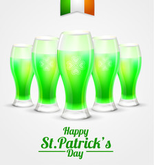 the day of St. Patrick's background. glass of green beer leprechaun on white background.