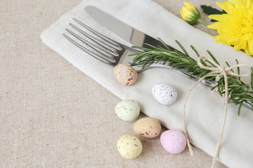 Wall Mural - Easter table setting copyspace background, selective focus,.