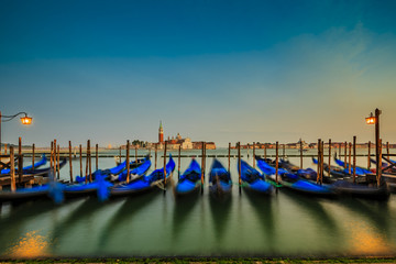 Sticker - Gondolas in Venice - sunset with San Giorgio Maggiore church. San Marco, Venice, Italy