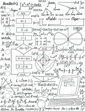 vector seamless pattern with mathematical formulas and programming code, 