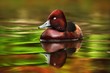 Female of brown Ruddy Duck, Oxyura jamaicensis, with beautiful green and red coloured water surface