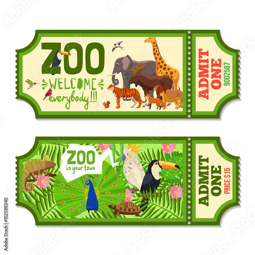 Fotografie, Obraz Colorful Zoo Tickets With Tropical Background