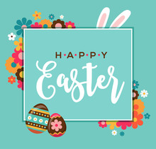 Colorful Happy Easter Greeting Card With Rabbit, Bunny, Eggs And Banners