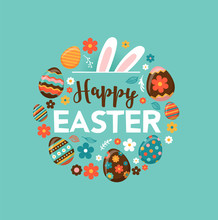 Colorful Happy Easter Greeting Card With Rabbit, Bunny And Text