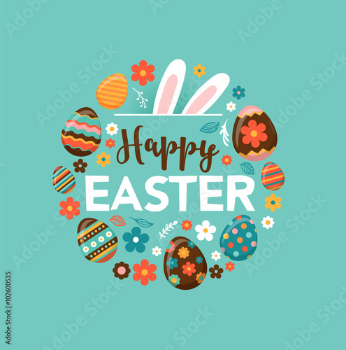 Colorful Happy Easter greeting card with rabbit, bunny and text Poster