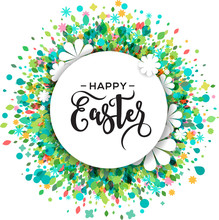 Colorful Happy Easter And Spring Greeting Card, Poster With Flowers