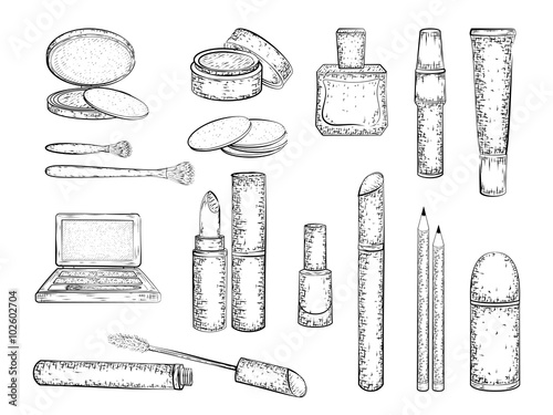 Decorative Cosmetics Set Hand Drawn Collection Of Products