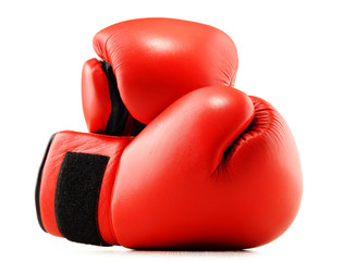 Poster - Pair of red leather boxing gloves isolated on white