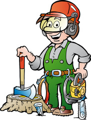 Wall Mural - Vector Cartoon illustration of a Happy Working Lumberjack or Woodcutter