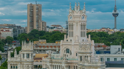 Wall Mural - Madrid timelapse, Beautiful Panorama Aerial View of Madrid Post Palacio comunicaciones, Plaza de Cibeles, Cibeles Palace, Spain