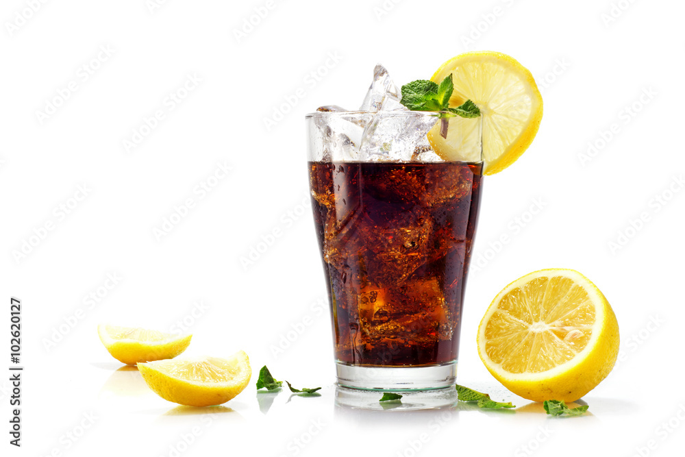 glass of cola or coke with ice cubes, slices of lemon and pepper - obrazy, fototapety, plakaty 