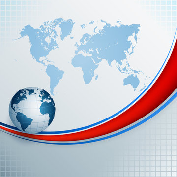 Abstract, computer, design background with World map and Earth globe; Composition with World map, Earth globe and three dimensions shape on squares pattern backdrop, space for text