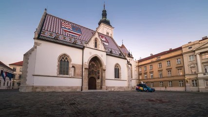 Wall Mural - Church in Zagreb - St Mark, Croatia, Time lapse video day to night transition at sunset