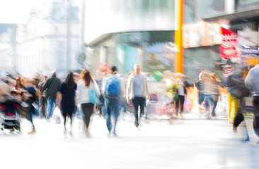 Poster -  LONDON, UK - OCTOBER 4, 2016: Lots of people, tourists and Londoners  walking via Leicester square, the famous destination of London for night life, cinemas, restaurants and bars. Blur image