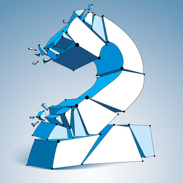 3d vector digital wireframe blue number 2 broken into parts