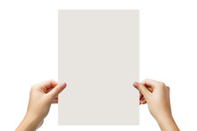 Hands Holding A White Paper Blank Isolated On White Background