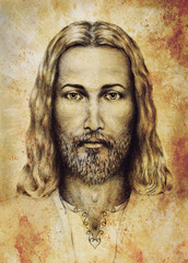 Wall Mural - pencils drawing of jesus on vintage paper. with ornament on clothing. old sepia structure paper. eye