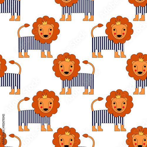 cartoon-baby-lion-seamless-pattern-cute-animal-vector-background-child-drawing-style-lion-king-illustration-french-style-dressed-lion-with-crown-and-striped-frock
