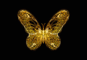 Poster - light butterfly on black background, drawing and computer collage.