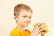 Little funny boy with a tasty hamburger