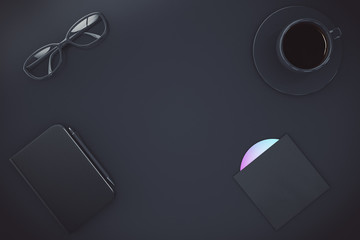 Aufkleber - Black cover of diary, cup of coffee, pen and CD disk on black ta