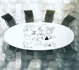 Poster - Painted business scheme on oval white conference table with blac