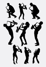 Saxophone Instrument Player Silhouette. Male And Female Saxophonist Poses. Good Use Ror Symbol, Logo, Web Icon, Mascot, Sticker Design, Sign, Or Any Design You Want. Easy To Use.