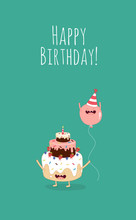 Happy Birthday Card. Funny Birthday Cake With Pink Balloons.Vector Illustration