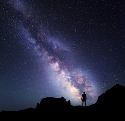 Milky Way. Night sky and silhouette of a standing man