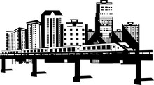 City Urban Black White Colors Landscape. Vector Illustration. Isolated On White Illustration. Train On Bridge.