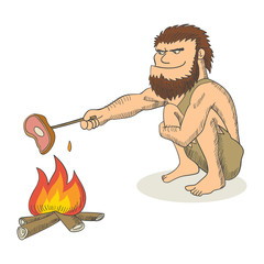 Wall Mural - cartoon illustration of a caveman cooking meat on fire