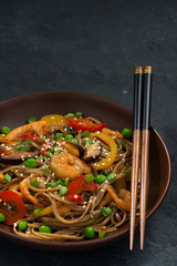 Wall Mural - Buckwheat noodles with seafood , closeup vertical