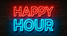Neon Sign On A Brick Wall - Happy Hour