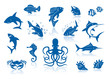 Sea life and fishes icon set. Isolated against a white backgroun