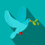 Fototapeta  - Dove of peace flying with a green twig olive icon