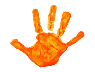 Orange color hand print isolated on a white background