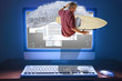 © Michael O'Keene - An internet web surfer is literally surfing a wave right through the computer screen with web pages and information on the screen of the computer