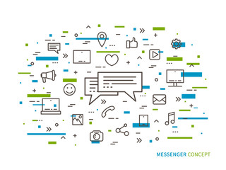 Fototapete - Messenger chat communication linear vector illustration. Creative concept messaging (message speech), mobile app icons. Graphic design online chatting web banner.
