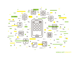 Fototapete - Linear mobile app (phone application, mobile content) flat vector illustration. Smartphone app icons (multimedia app, media app, software development) graphic creative concept. 
