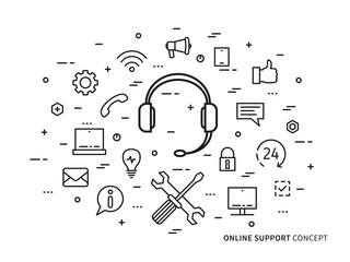 Fototapete - Linear online support (online service, helpdesk, online assistance) minimal outline illustration. Graphic design support, 24 hour hot helpline (headphone, headset). Online support creative concept.
