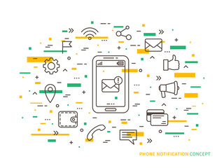 Fototapete - Linear Phone Notification (mail, call, message, note) vector illustration. Phone Notification (mobile technology) creative concept.
