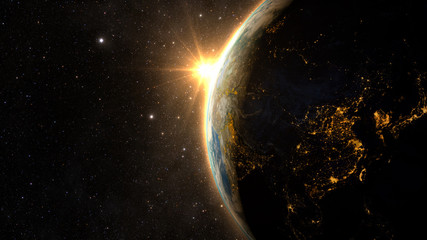 Wall Mural - planet earth with a spectacular sunset, view on china and india.