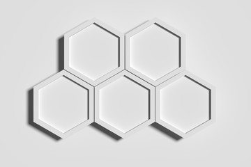 Wall Mural - Five white three-dimensional hexagons on white background