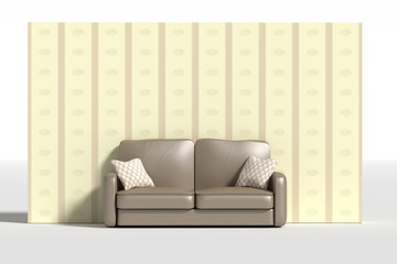 Wall Mural - Three-dimensional sofa with pillows against of wall