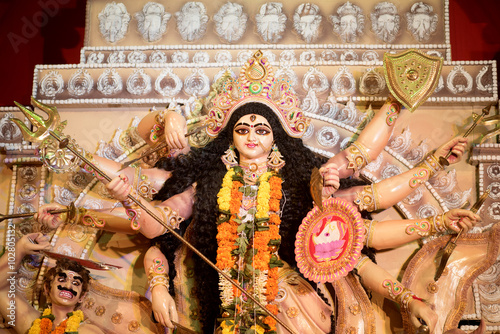 Fotografie, Obraz MUMBAI, INDIA - October 20, 2015: An idol of revered goddess Durga standing in the temporary temple in the city of Mumbai during Durga Puja festival celebration