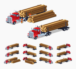 Log truck with the pile of logs. 3D lowpoly isometric vector illustration. The set of objects isolated against the white background and shown from different sides